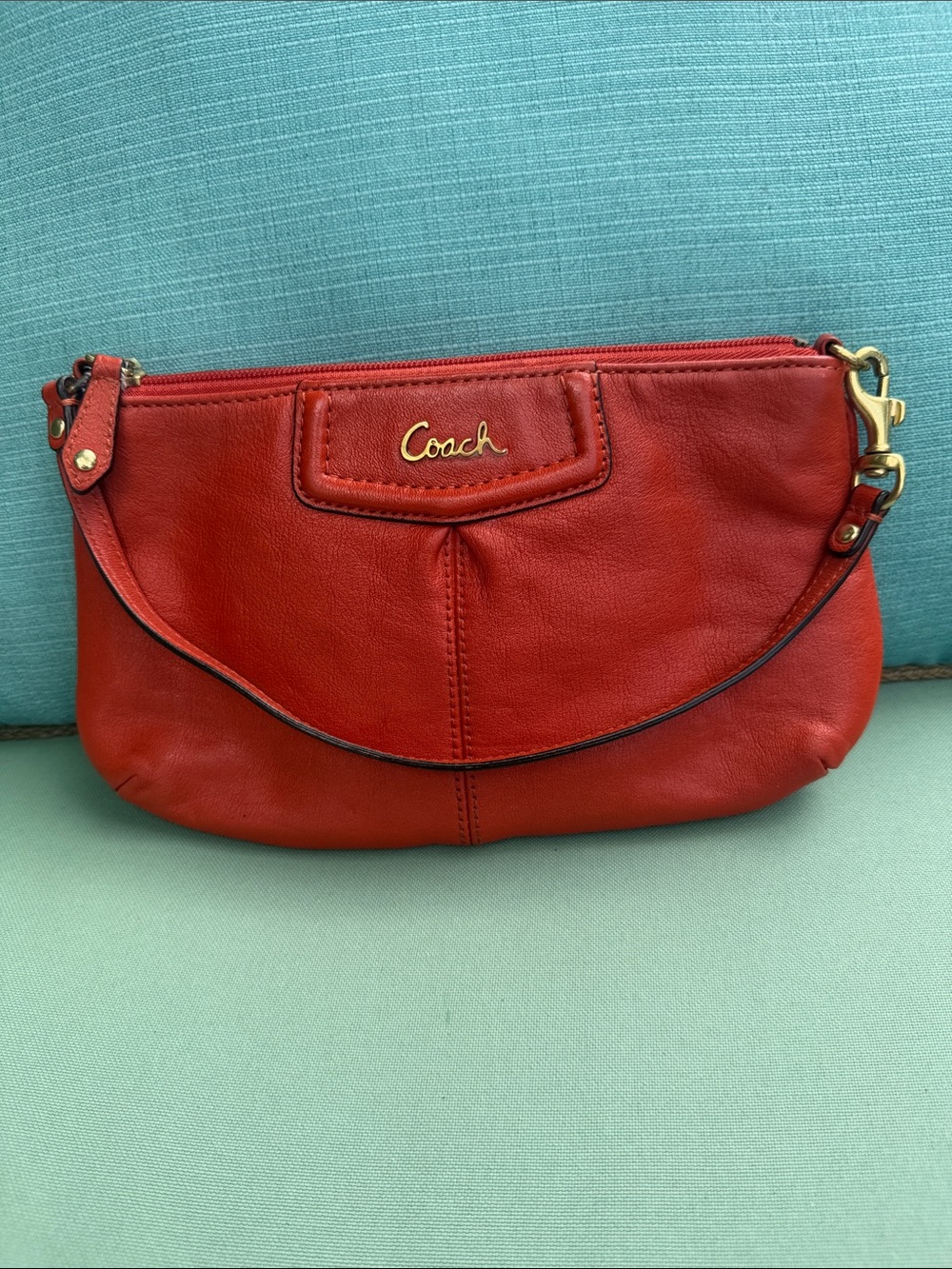 Coach orange red Leather Wristlet with Gold Logo